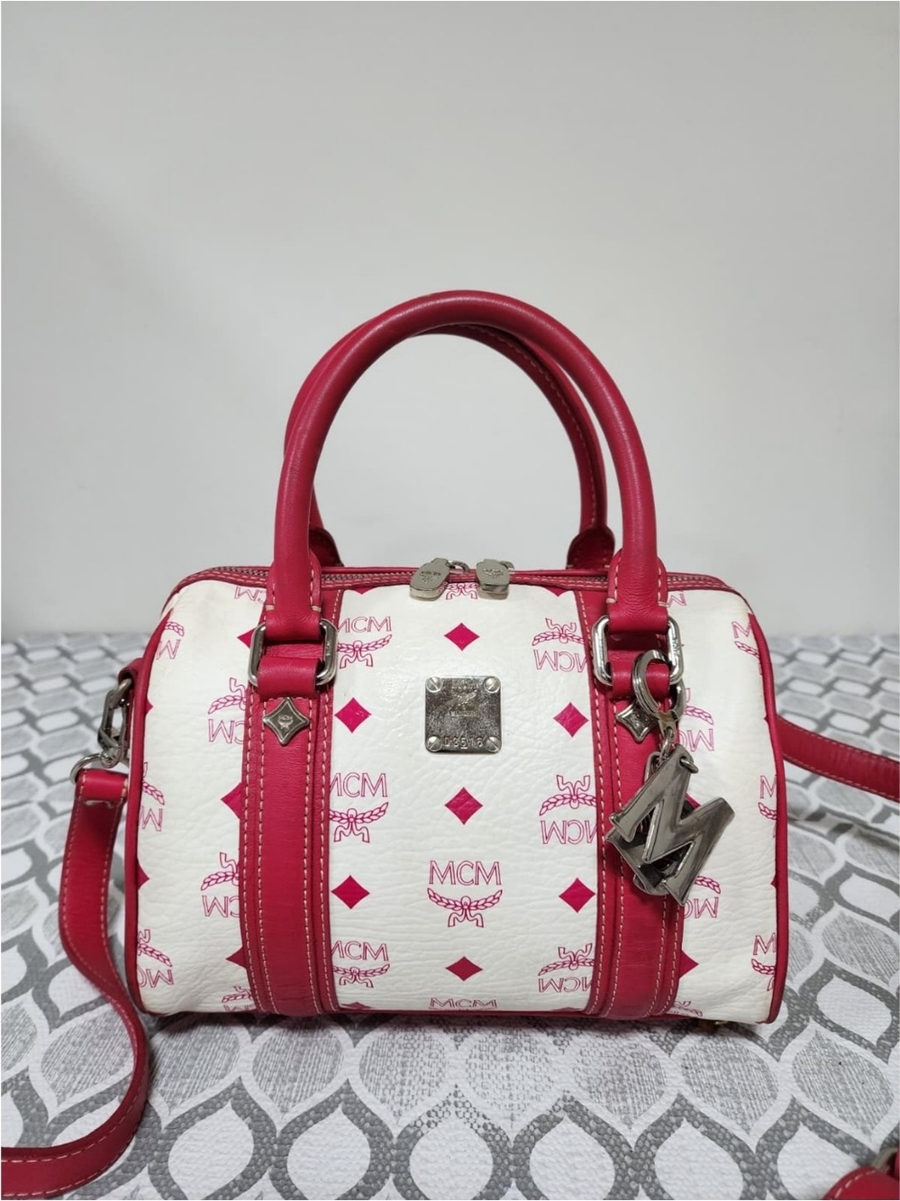 MCM Visetos Coated Canvas and Leather Charm Boston Bag Pink/White